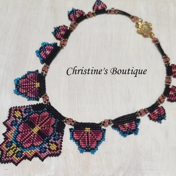 Handmade glass Seed Bead statment Necklace Floral - Picture 2 of 3